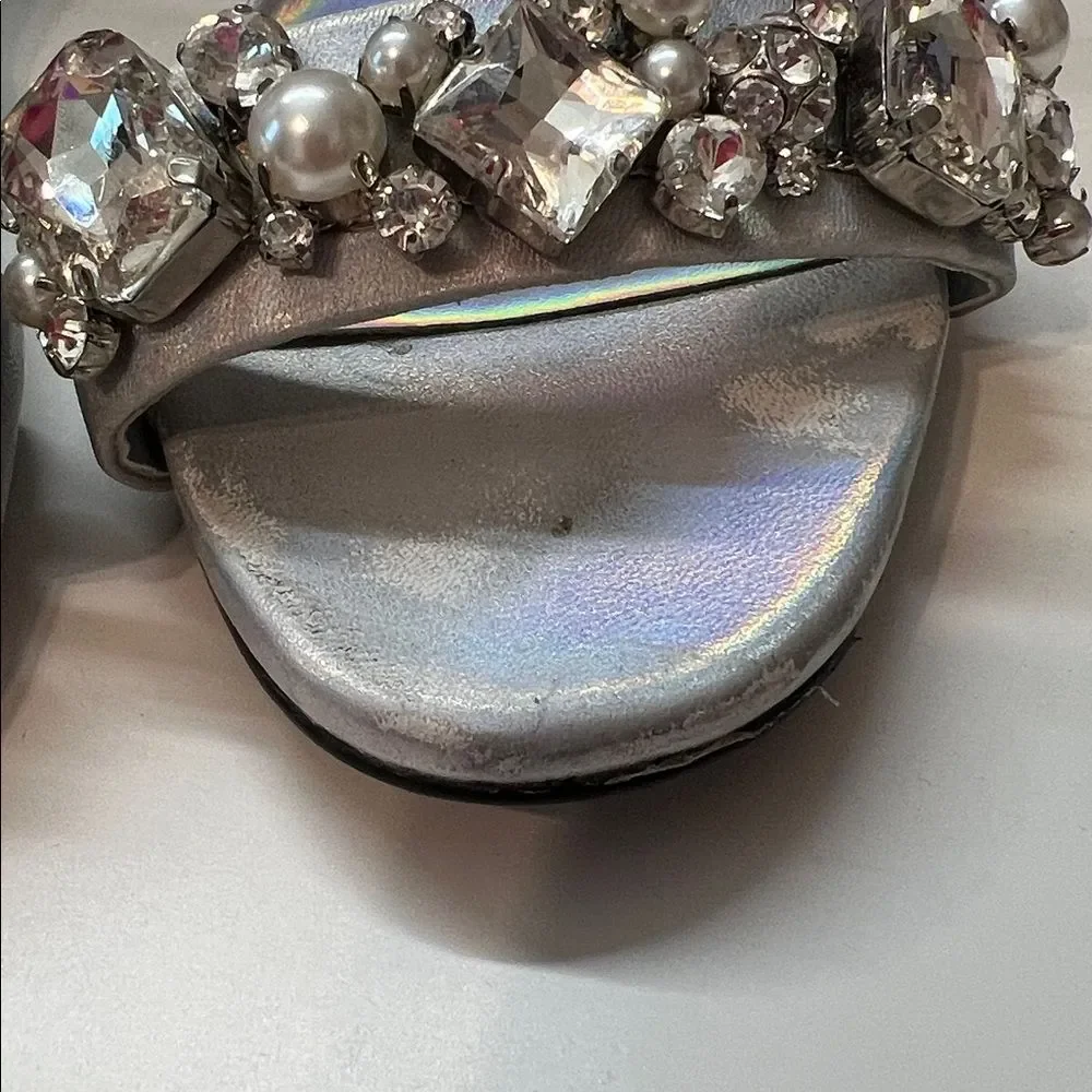 KARL LAGERFELD Silver Paris Calista rhinestones Ankle-Strap Heels Sandals Size 7
